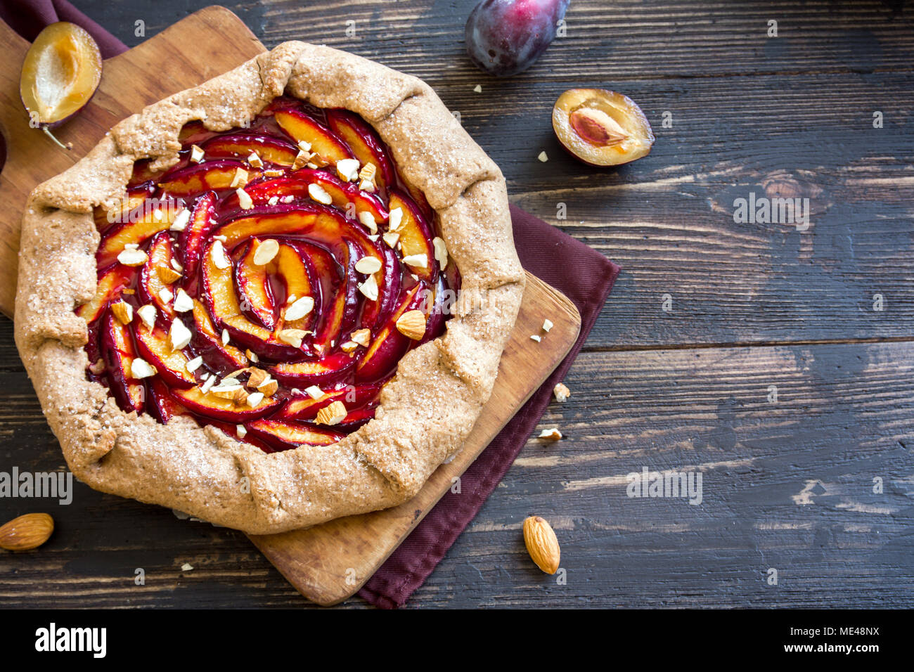 Plum Galette. Healthy homemade wholegrain fruit pie (galette) with