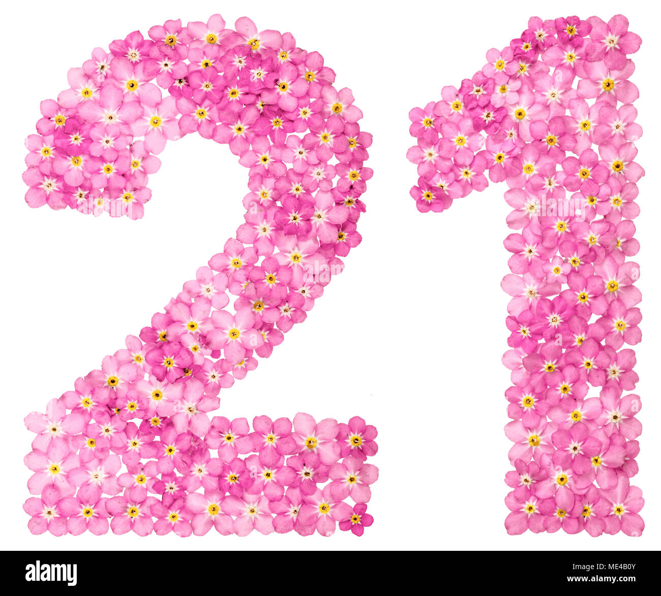 Arabic numeral 21, twenty one, from pink forget-me-not flowers 