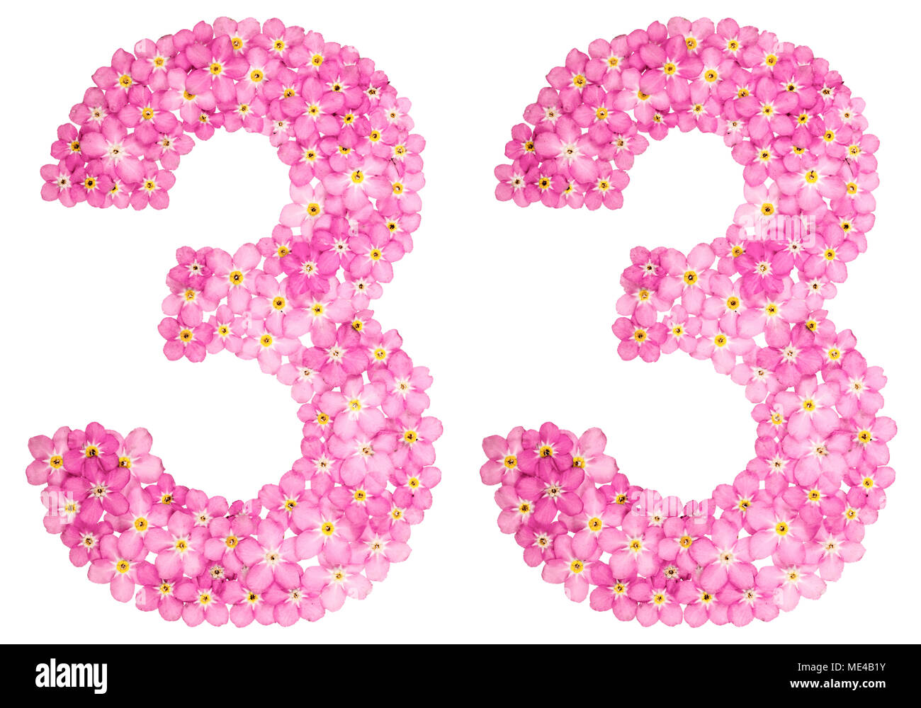 Arabic numeral 33, thirty three, from pink forget-me-not flowers