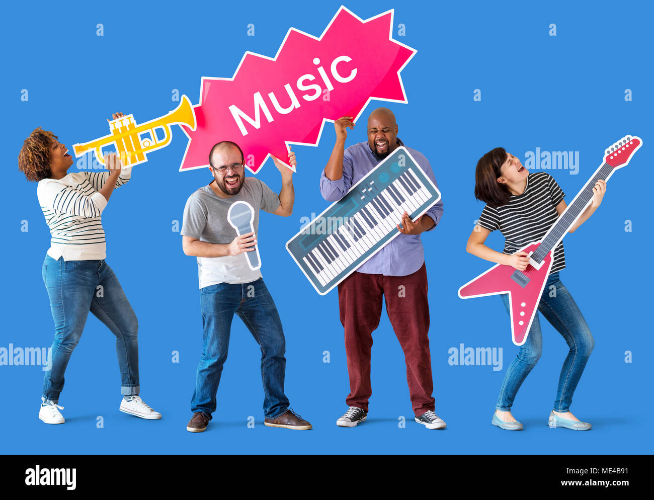 People Using Music Instruments Group of diverse people enjoying music instruments Stock Photo - Alamy