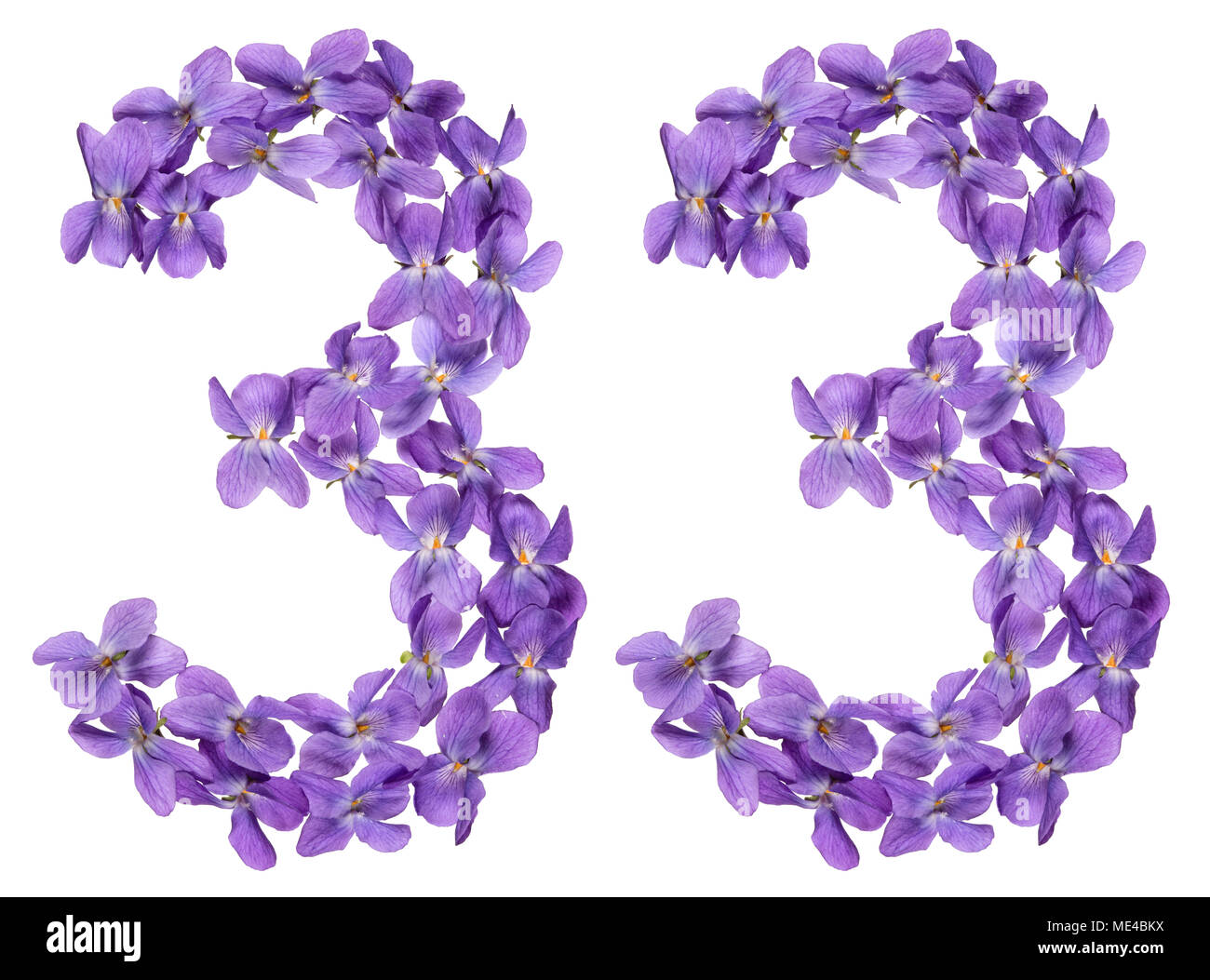 Arabic numeral 33, thirty three, from flowers of viola, isolated on ...