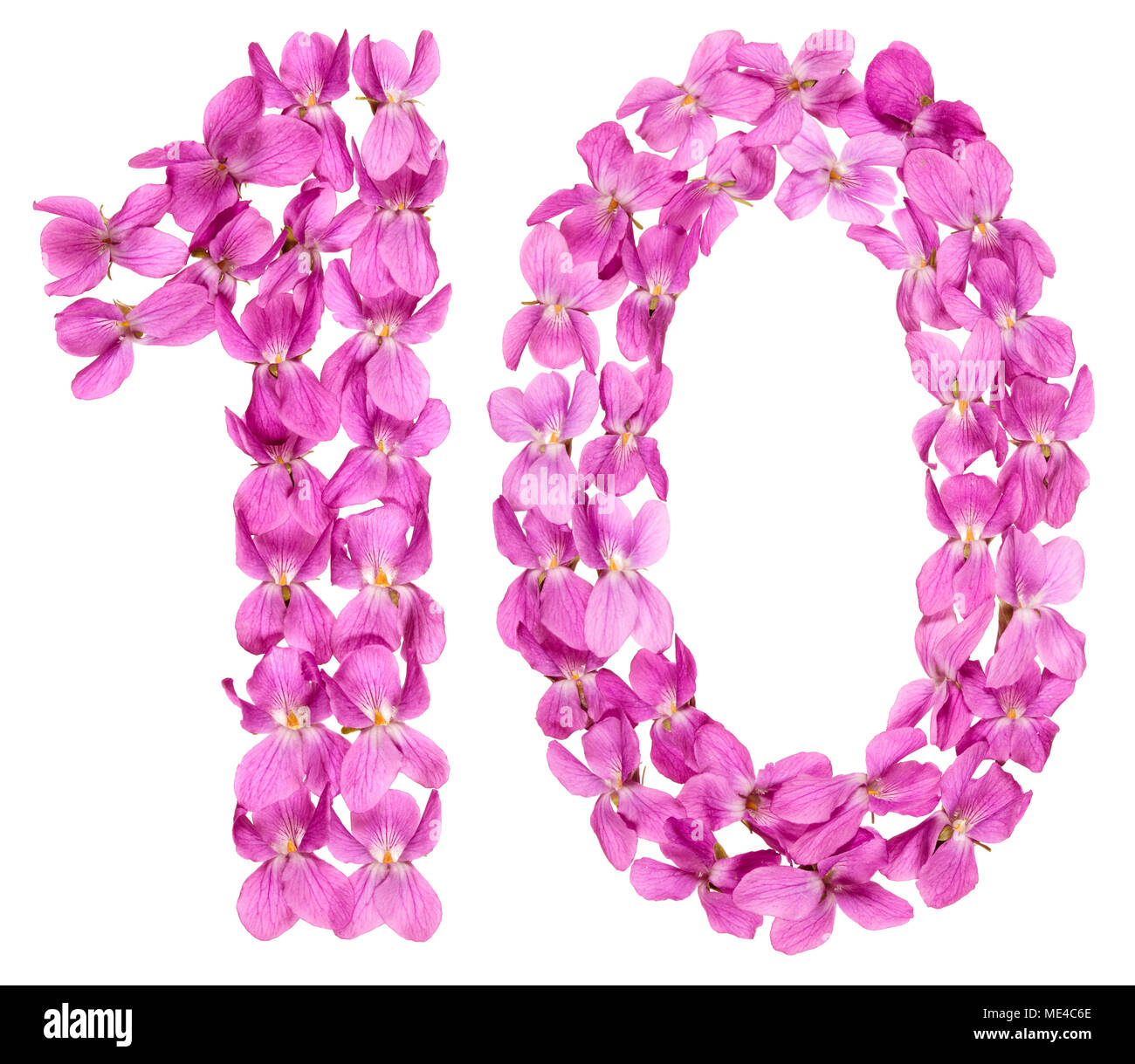 Arabic numeral 10, ten, from flowers of viola, isolated on white