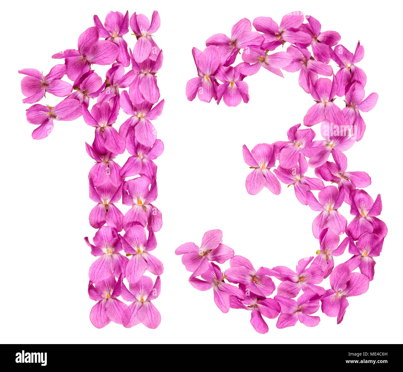 Arabic numeral 13, thirteen, from flowers of viola, isolated on white ...