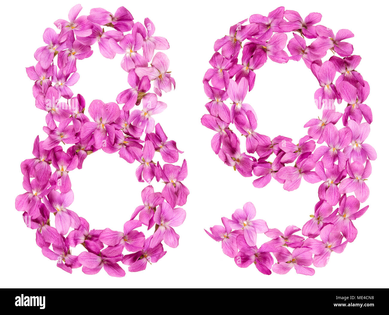 Arabic numeral 89, eighty nine, from flowers of viola, isolated on ...