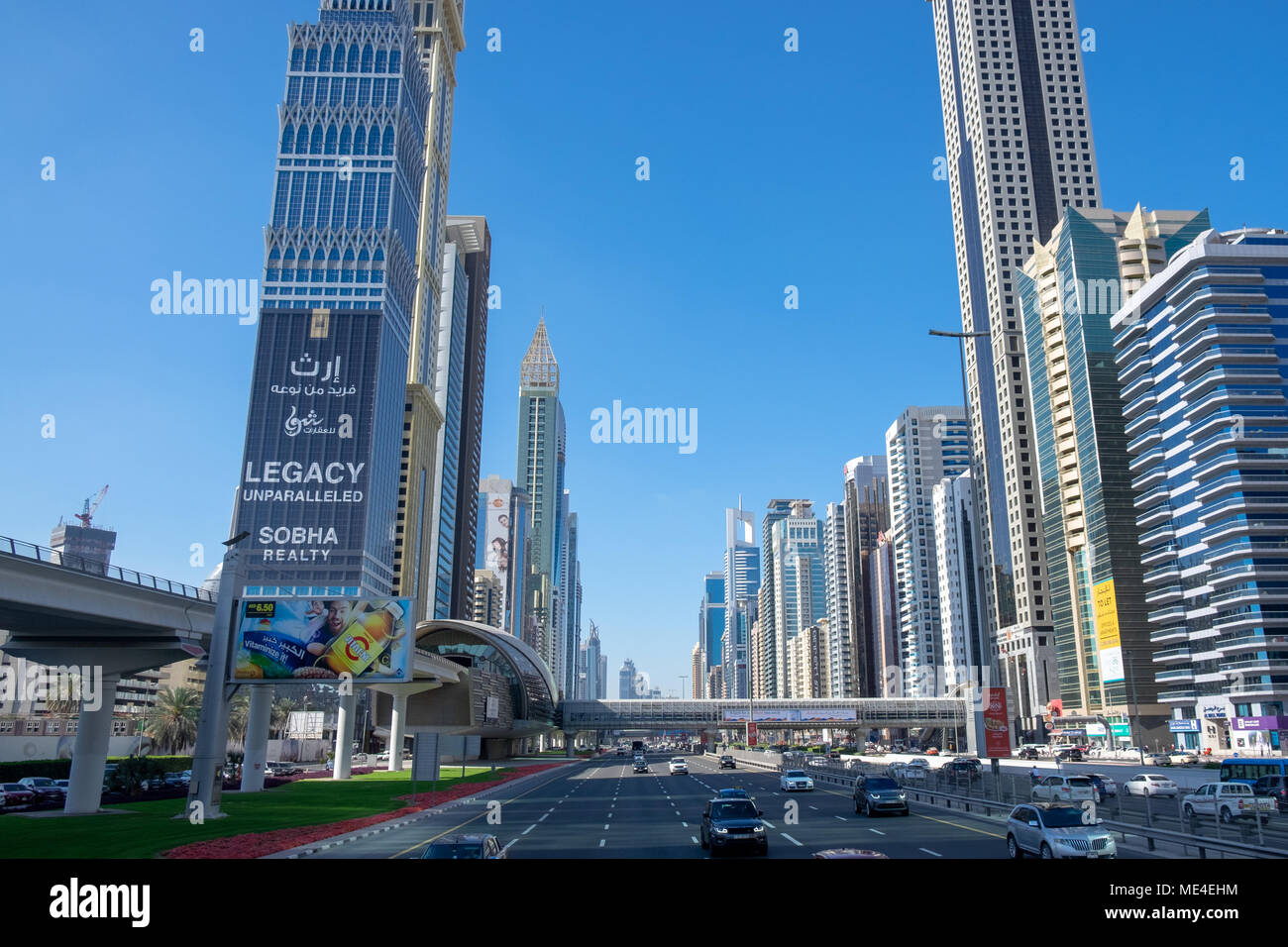 The view from Sheikh Zayed Road taken from a city tour bus Stock Photo