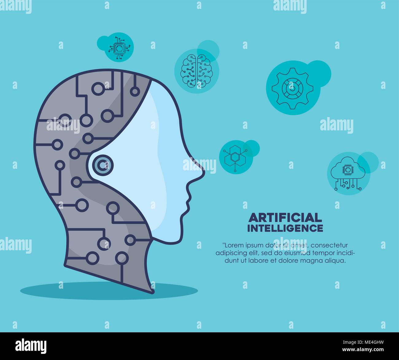 Artificial Intelligence design with modern robot head and related icons ...