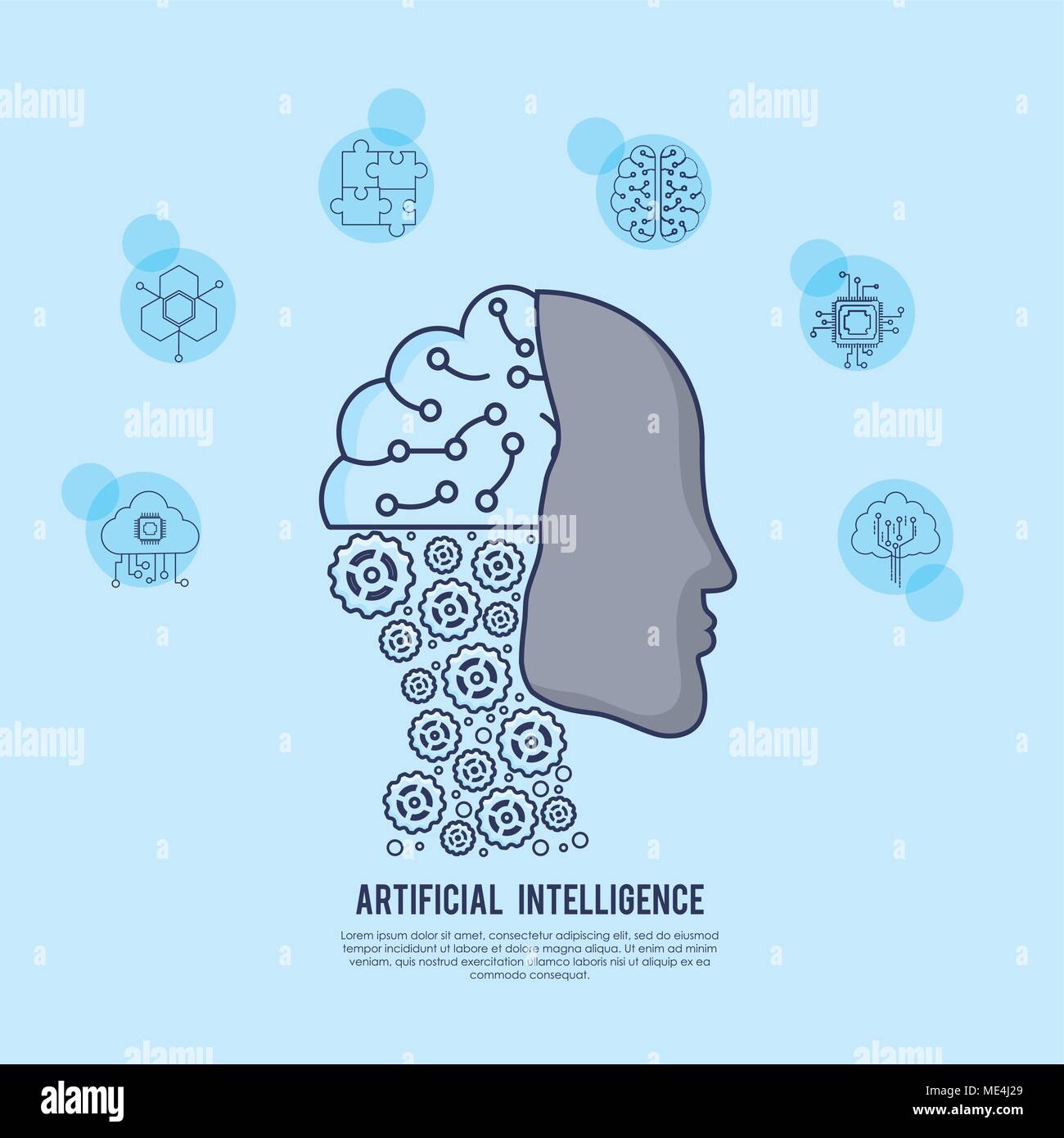 Artificial Intelligence design with robot head and related icons around ...