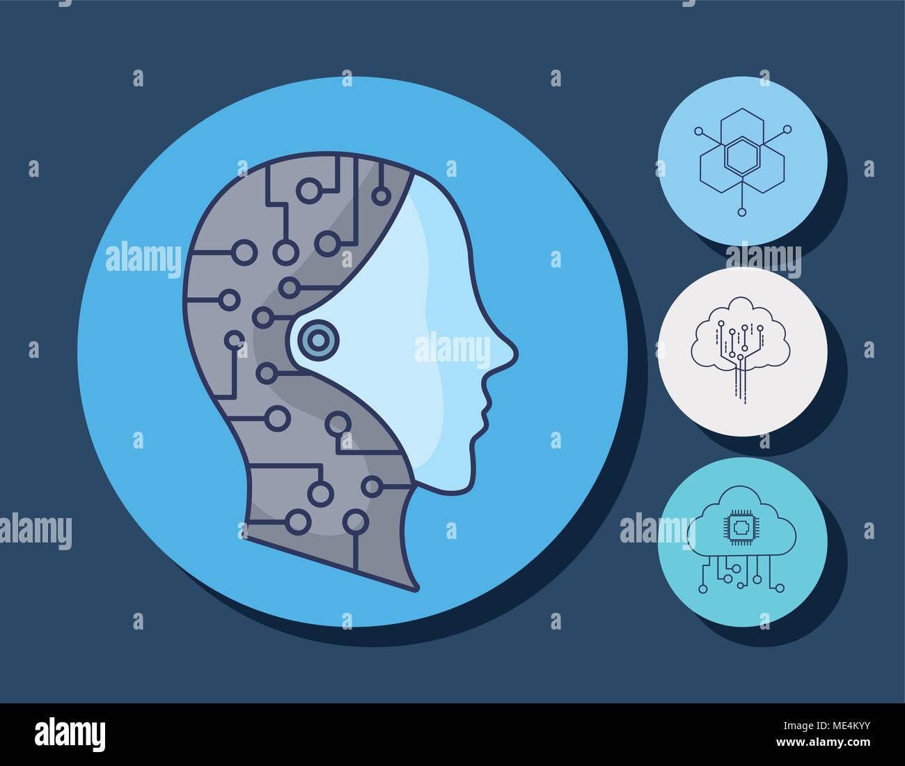 Artificial Intelligence design with robotic head and related icons over ...