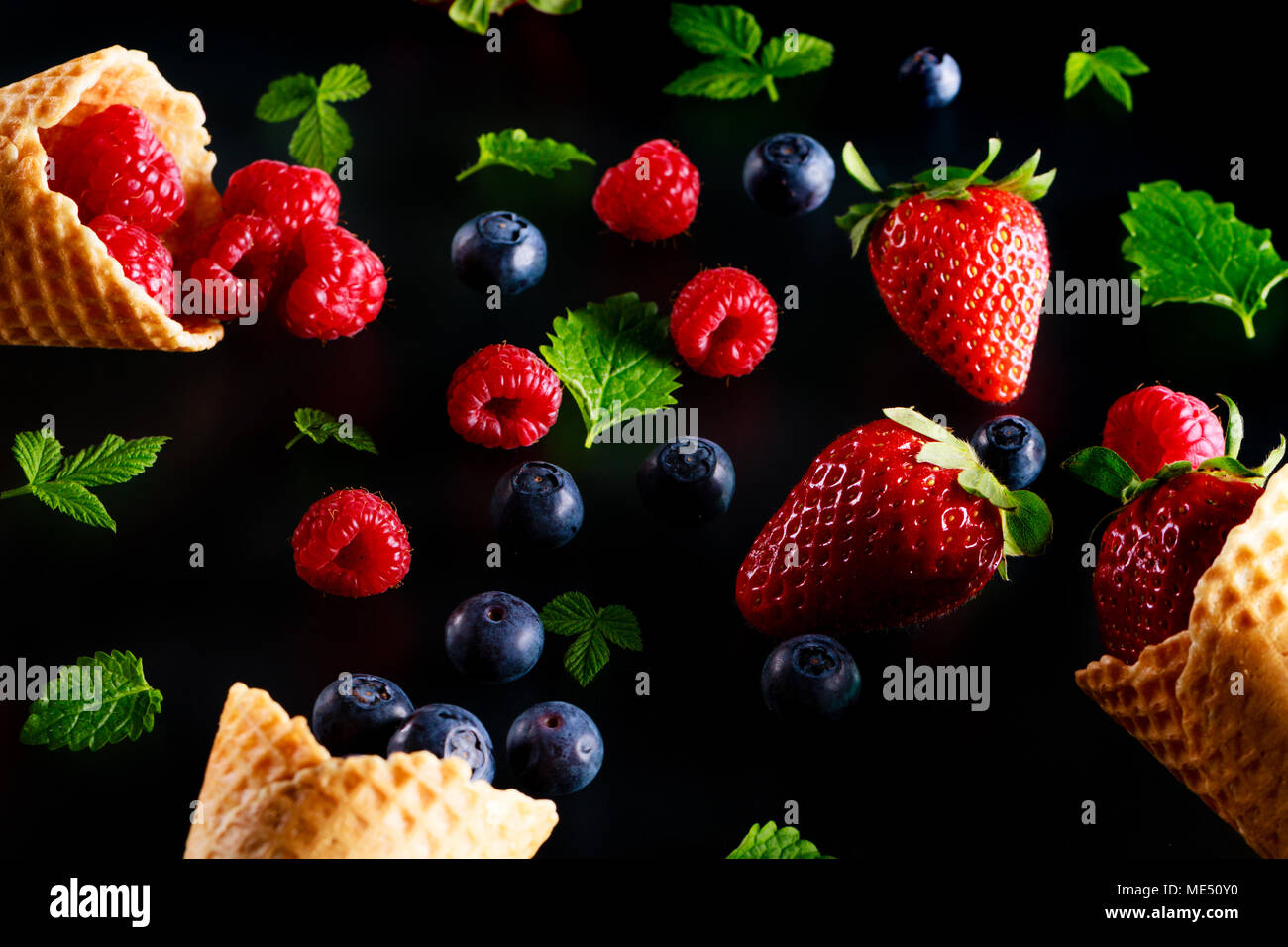 Concept of fresh fruit as alternative to ice cream. Berries fruits