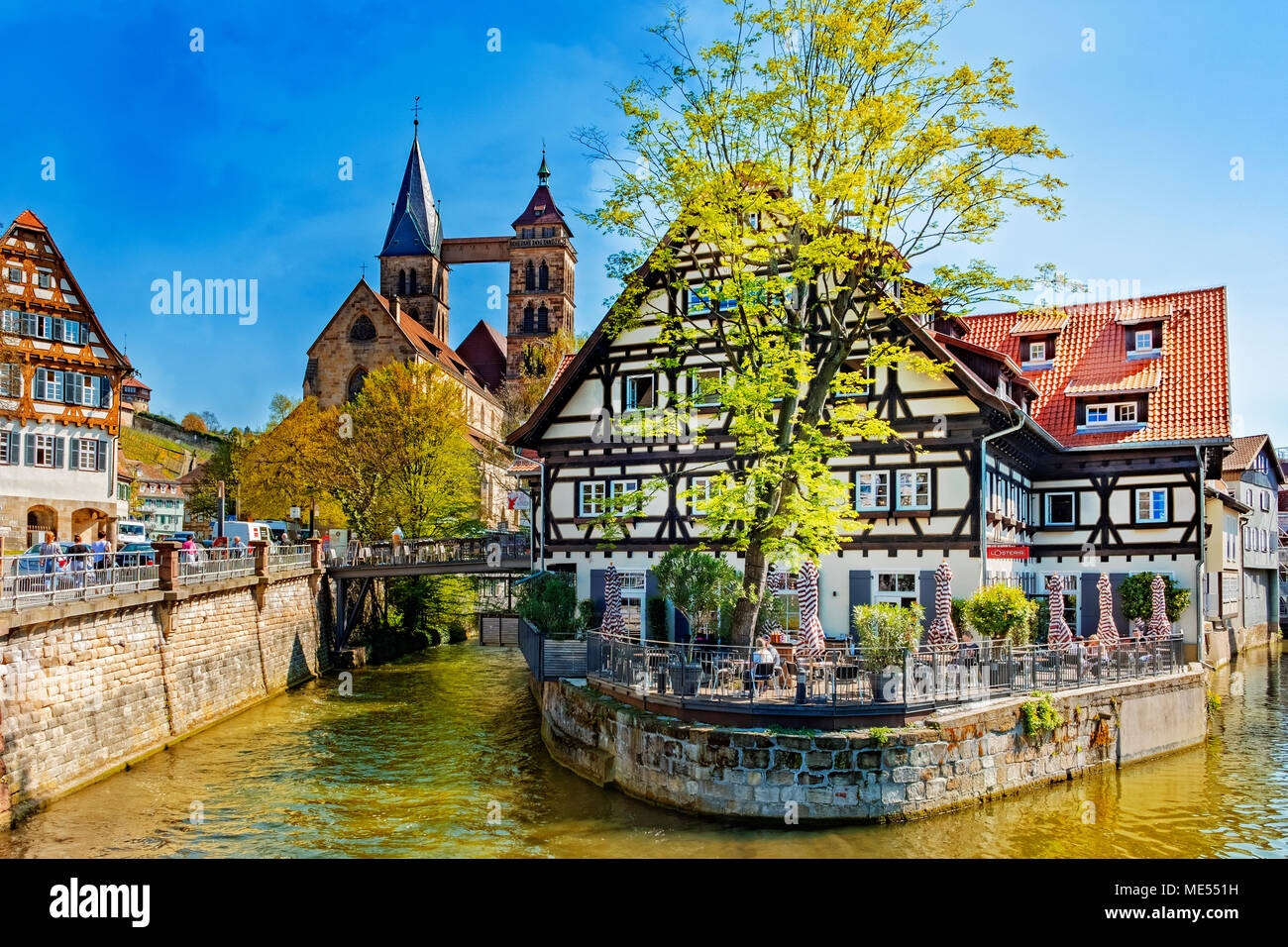 ESSLINGEN, GERMANY - APRIL 17, 2018: The photo shows the old quarter of Esslingen with the old building Alte Zimmerei surrounded by the Neckar river i Stock Photo
