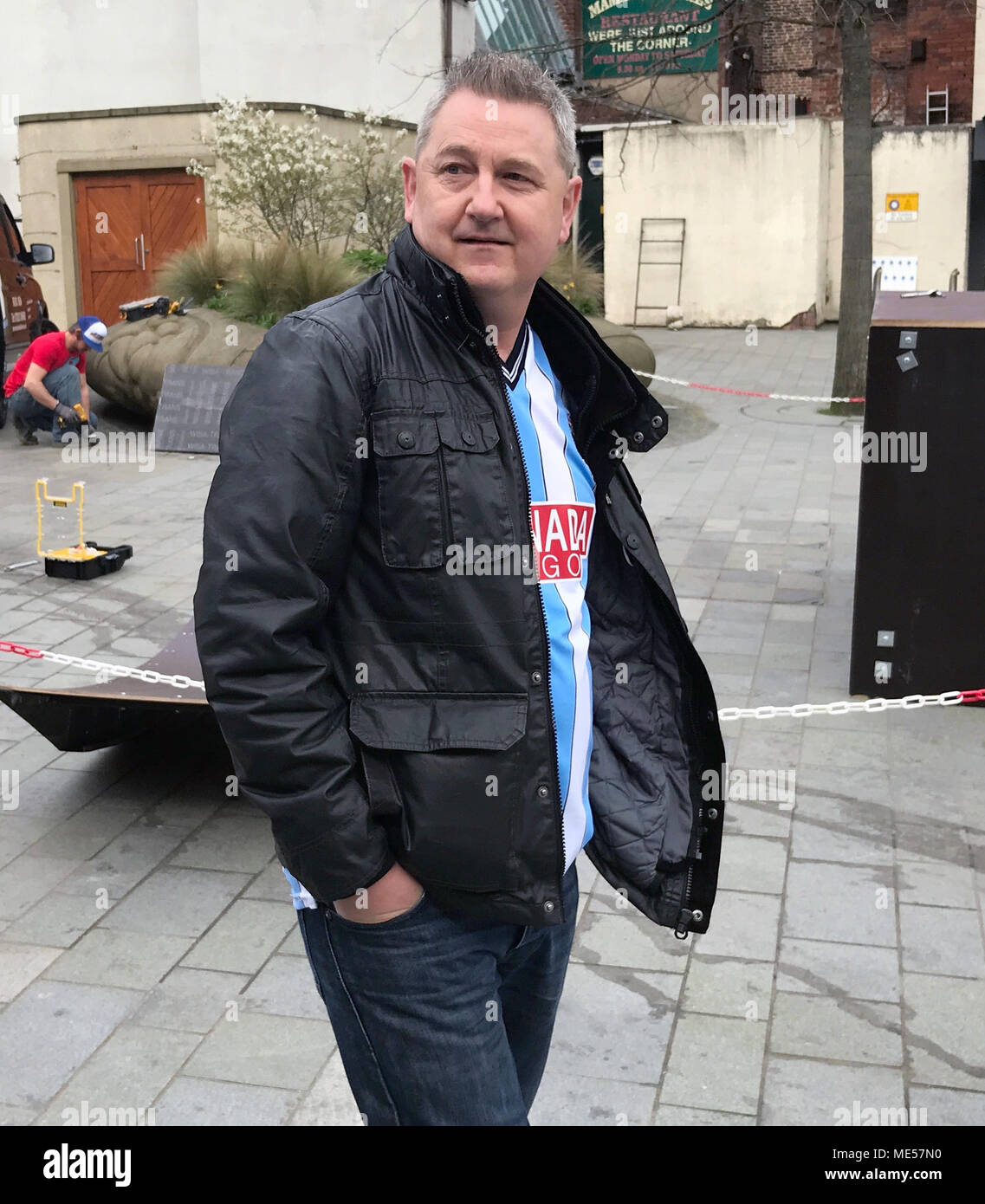 Snooker fan Brian Wright wears a Coventry City shirt as he arrives for day one of the 2018 Betfred World Championship at The Crucible, Sheffield Stock Photo