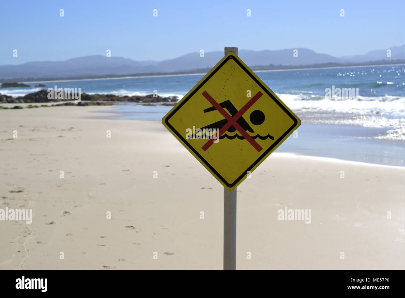 No Swimming Sign Post At Beach In Australia Yellow No - 