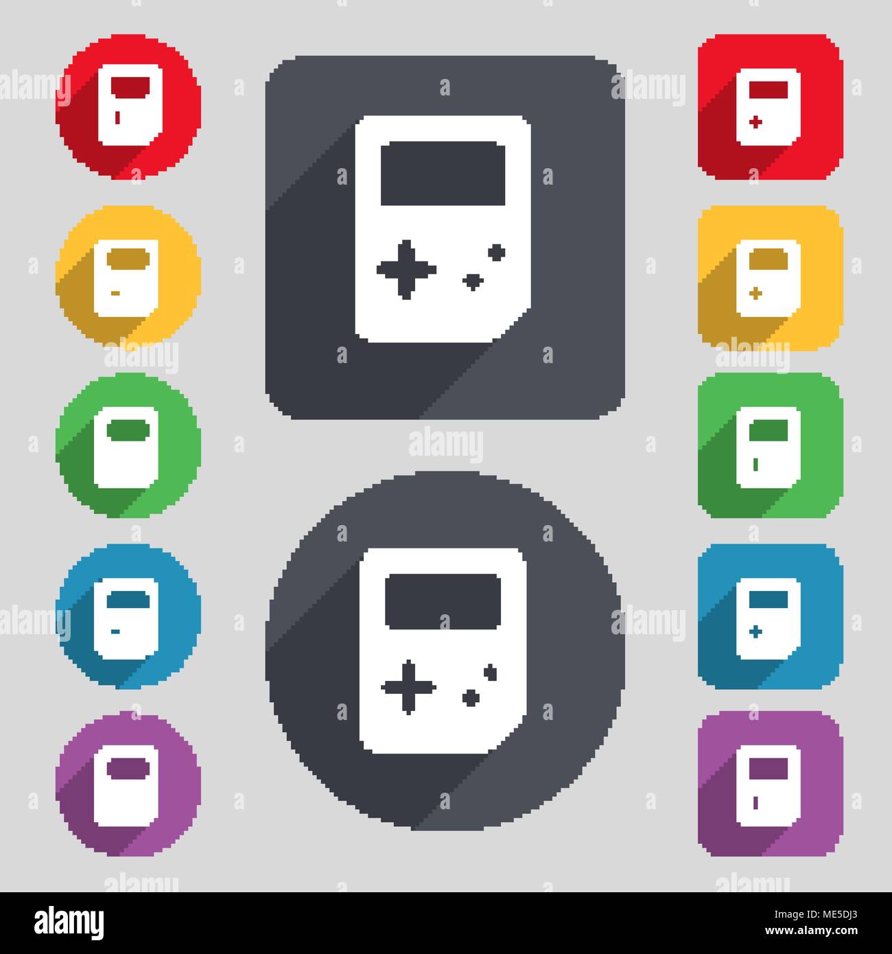 Tetris icon sign. A set of 12 colored buttons and a long shadow. Flat ...