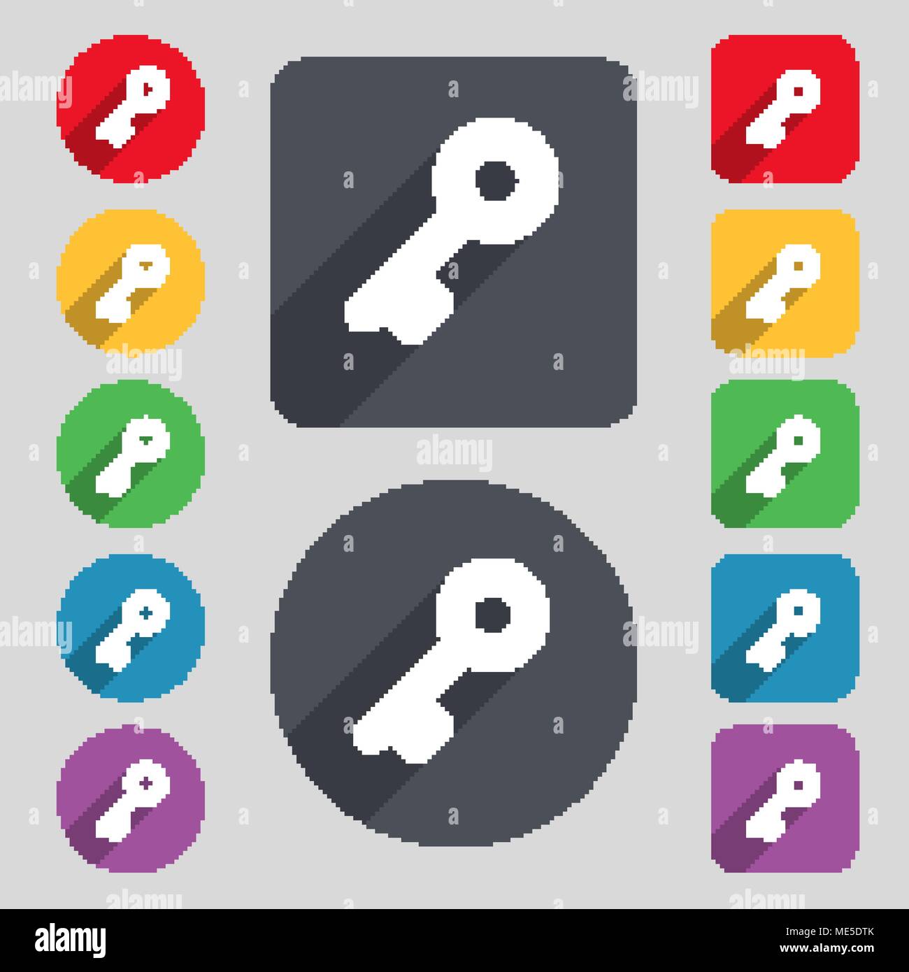 Key icon sign. A set of 12 colored buttons and a long shadow. Flat ...