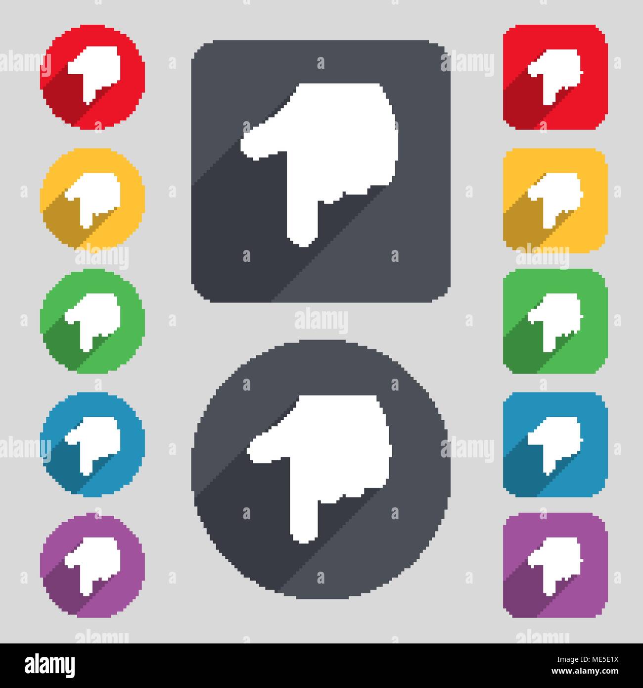 pointing hand icon sign. A set of 12 colored buttons and a long shadow ...