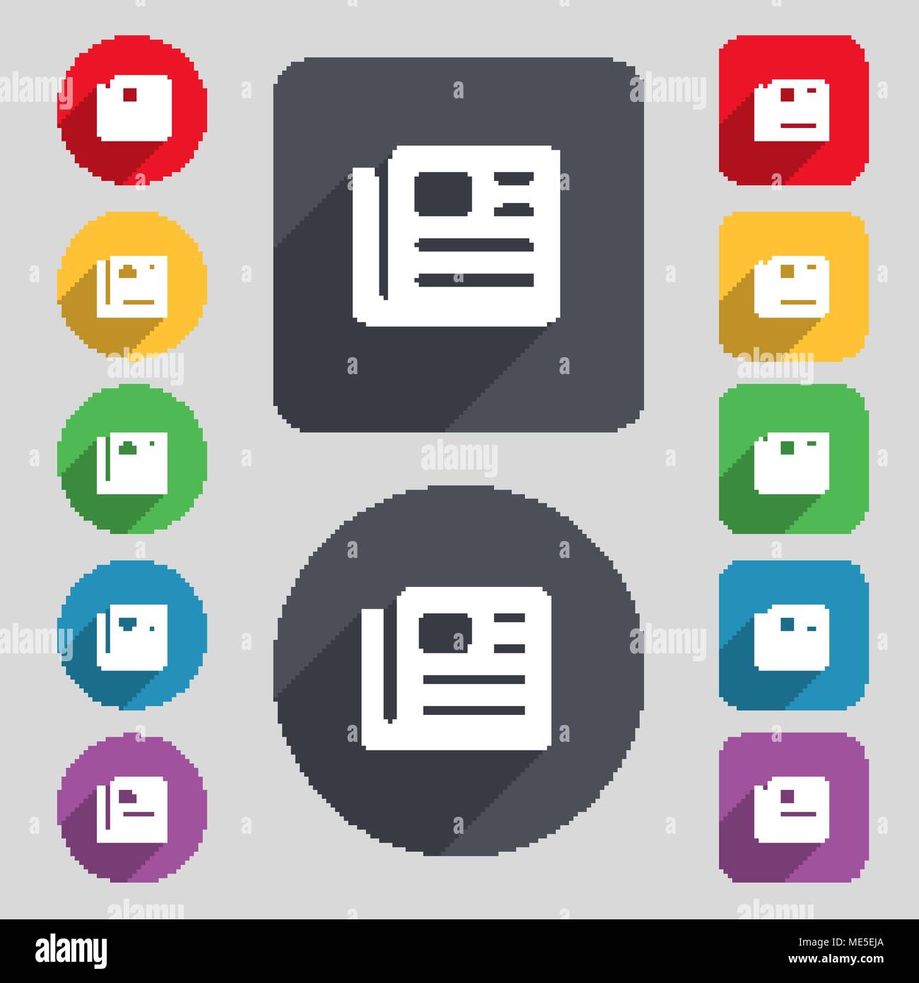 book, newspaper icon sign. A set of 12 colored buttons and a long shadow. Flat design. Vector illustration Stock Vector