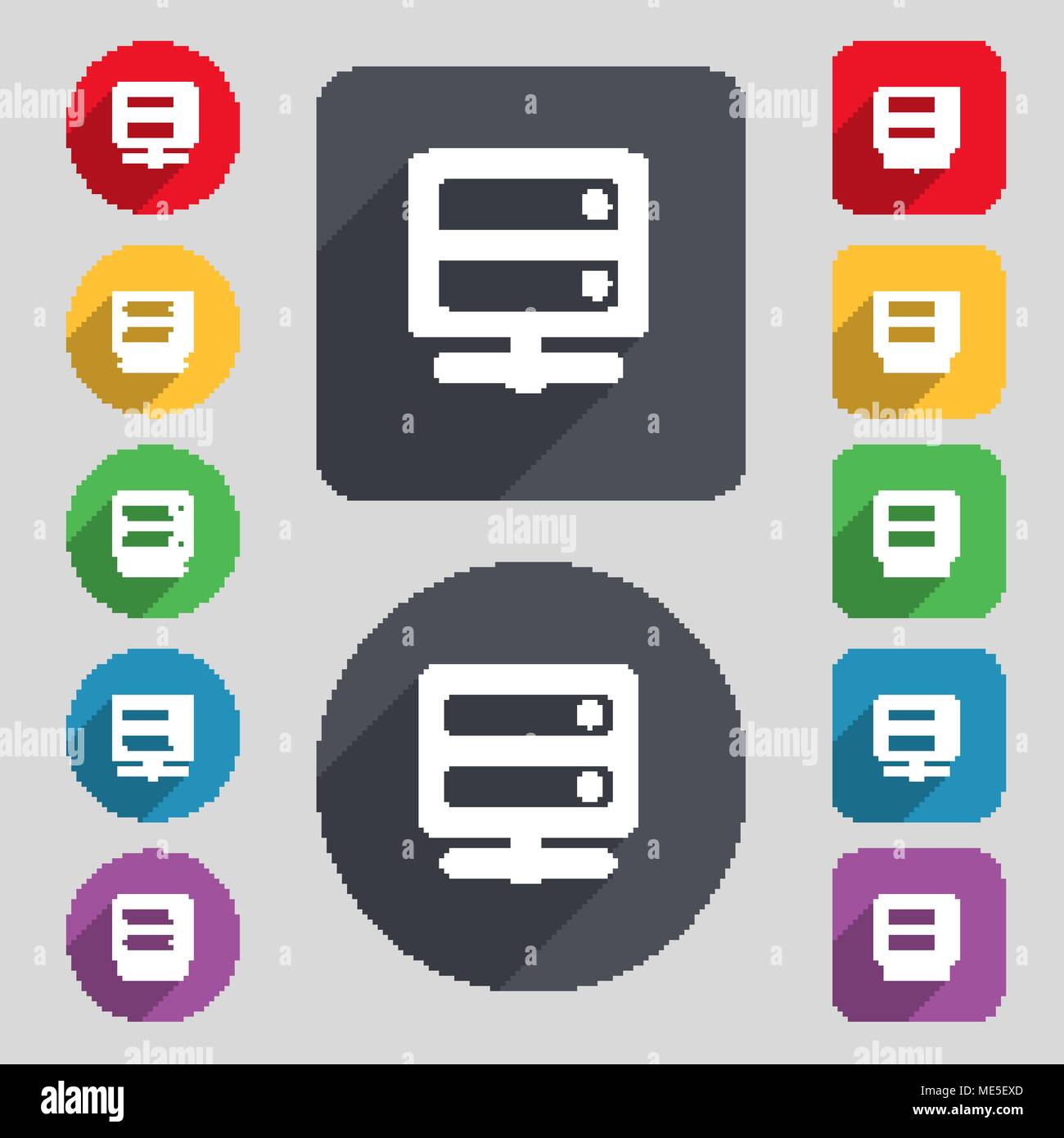 Server icon sign. A set of 12 colored buttons and a long shadow. Flat ...