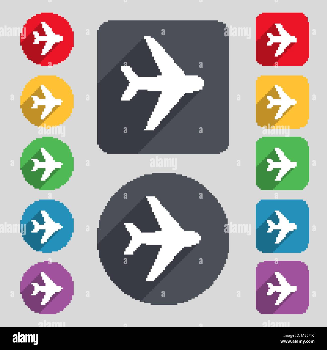 Plane icon sign. A set of 12 colored buttons and a long shadow. Flat ...
