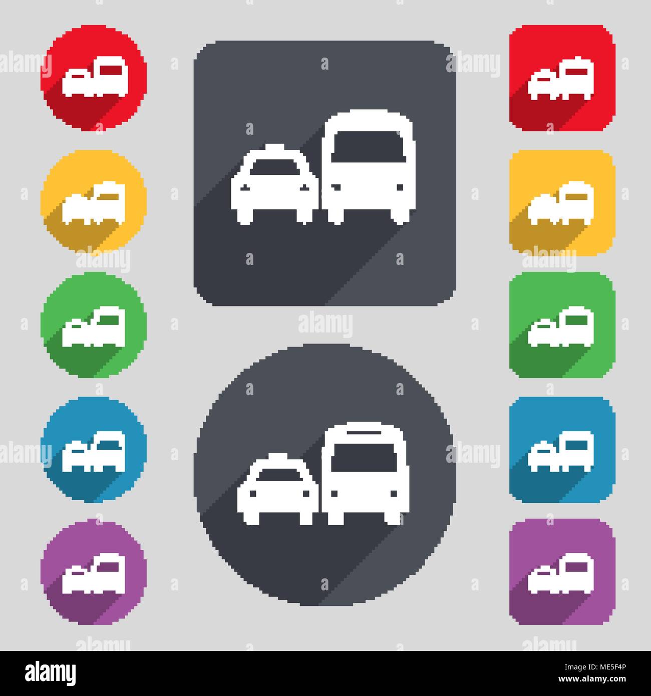 taxi icon sign. A set of 12 colored buttons and a long shadow. Flat ...