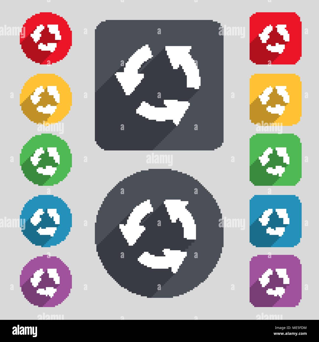 Refresh icon sign. A set of 12 colored buttons and a long shadow. Flat ...