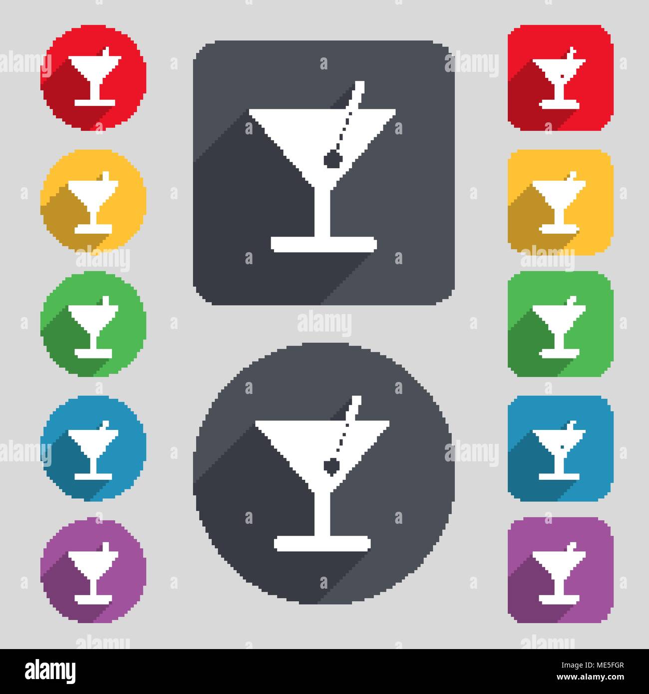 cocktail icon sign. A set of 12 colored buttons and a long shadow. Flat ...