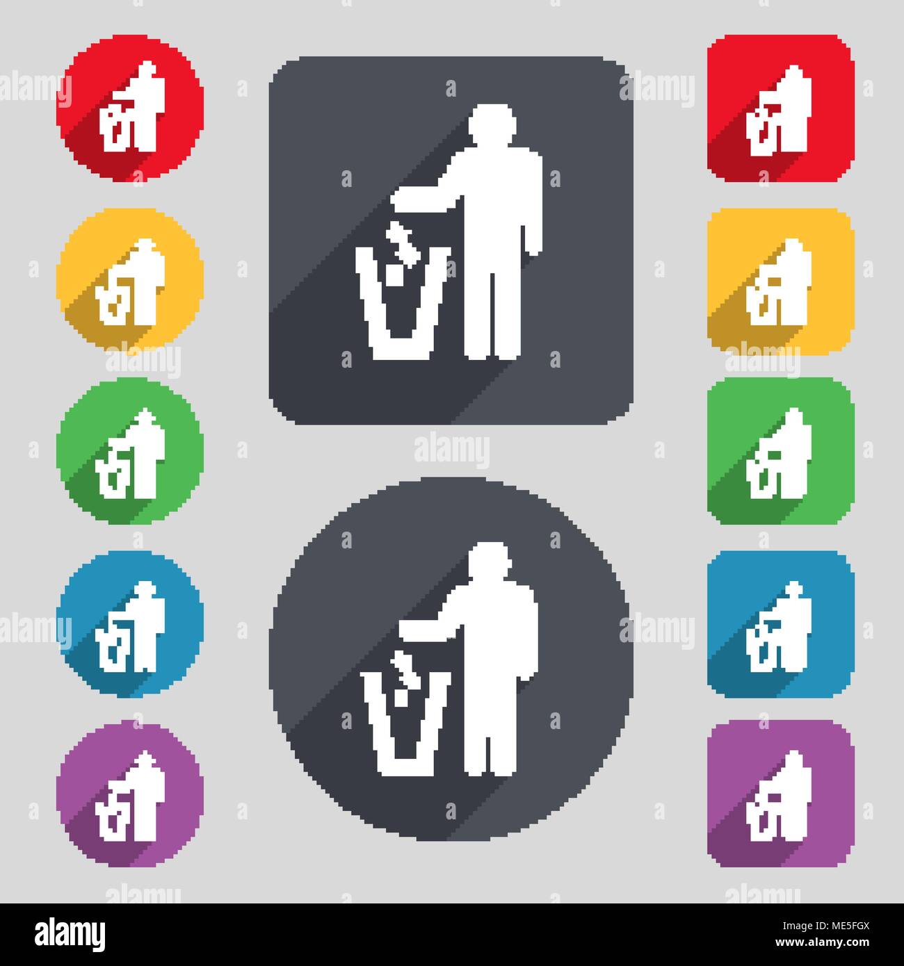 throw away the trash icon sign. A set of 12 colored buttons and a long ...