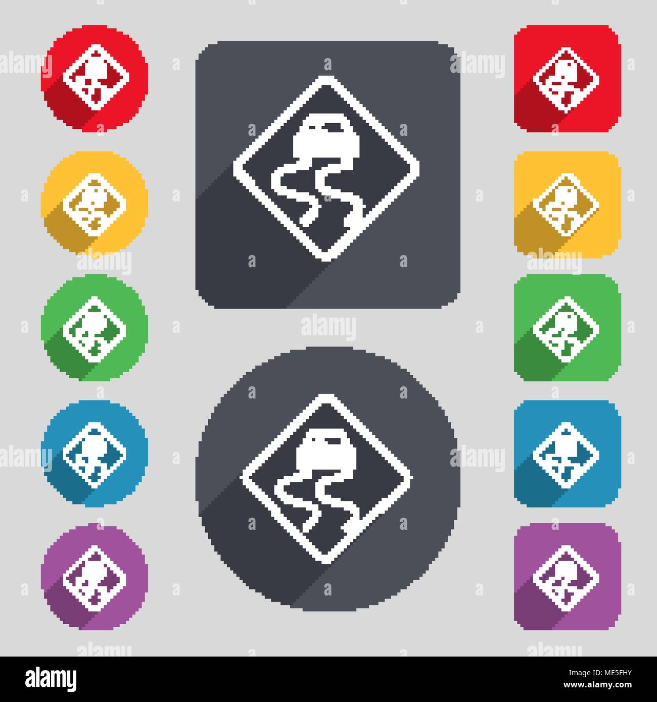 Road slippery icon sign. A set of 12 colored buttons and a long shadow ...