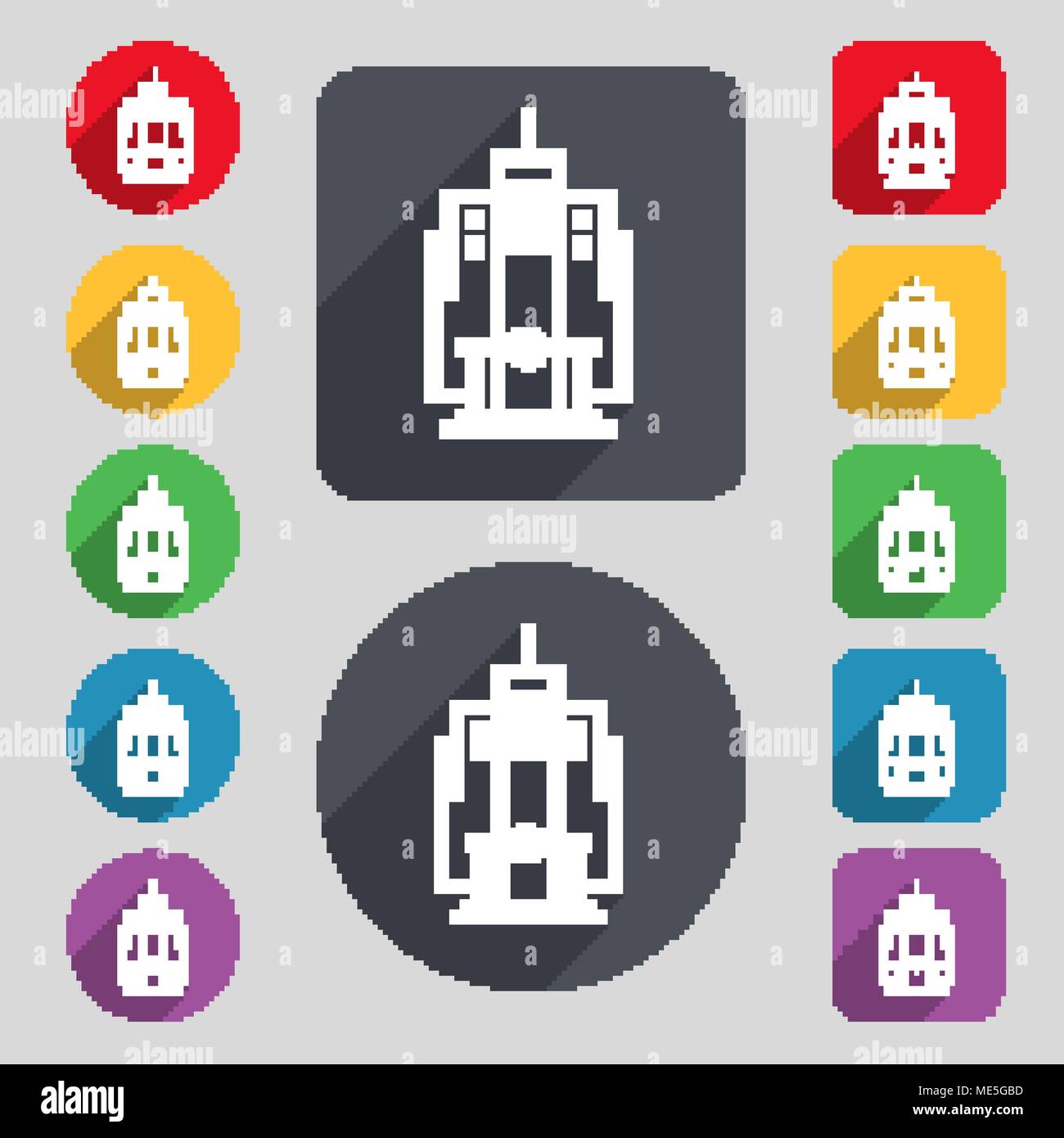 skyscraper icon sign. A set of 12 colored buttons and a long shadow ...