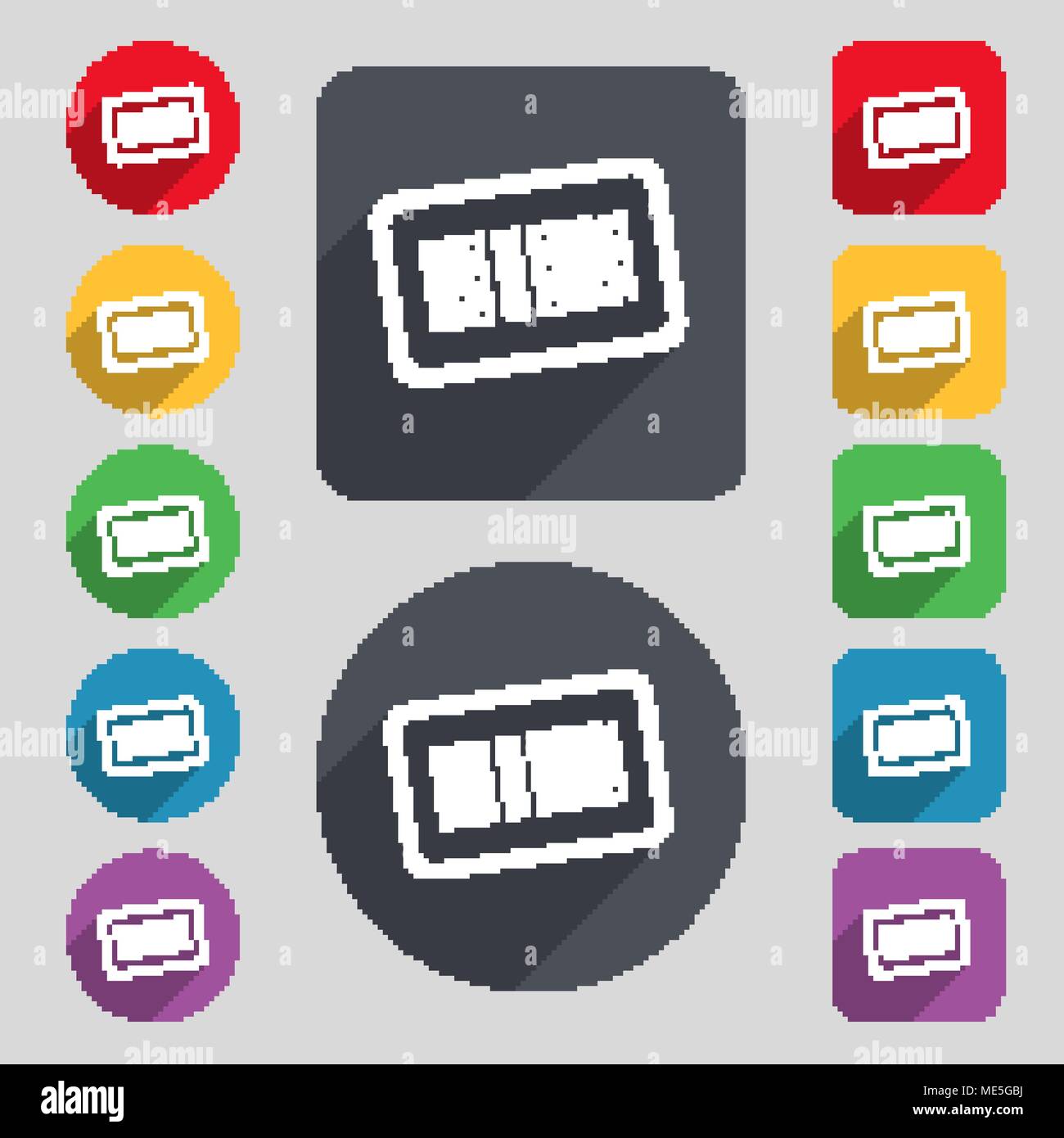 Barcode icon sign. A set of 12 colored buttons and a long shadow. Flat ...
