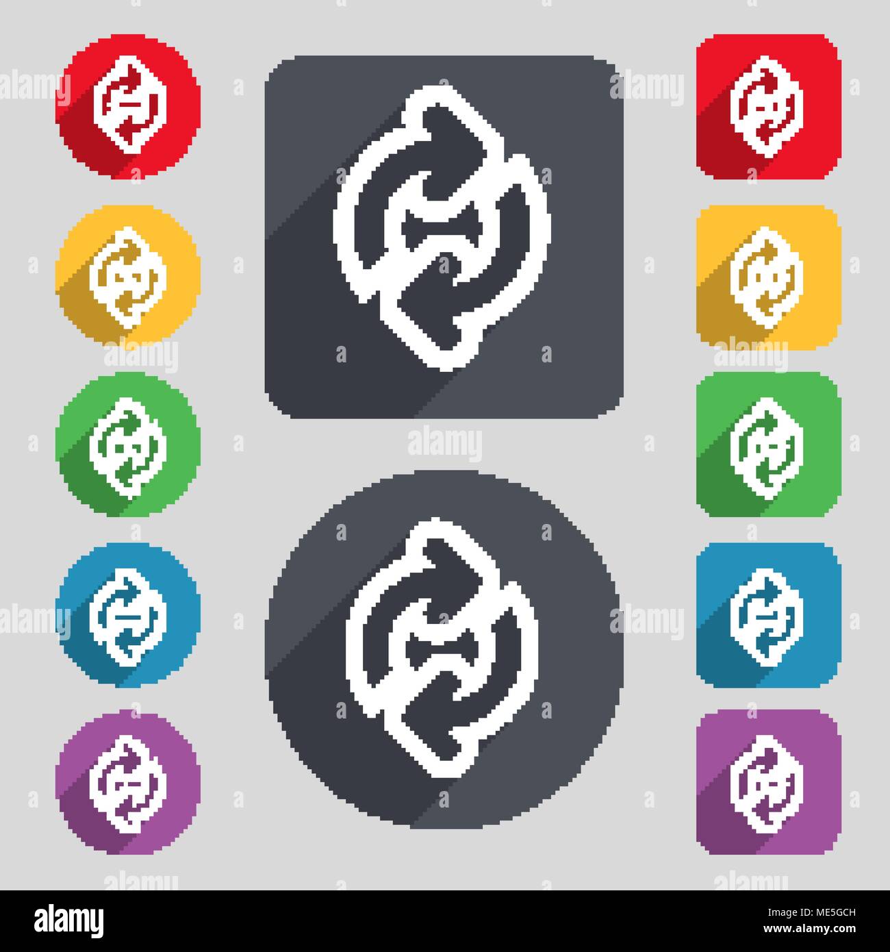 Refresh icon sign. A set of 12 colored buttons and a long shadow. Flat ...