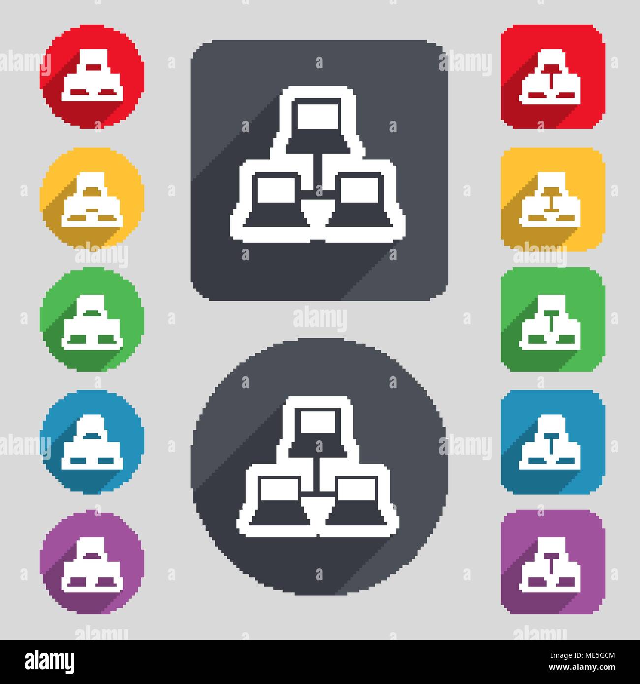 local area network icon sign. A set of 12 colored buttons and a long ...