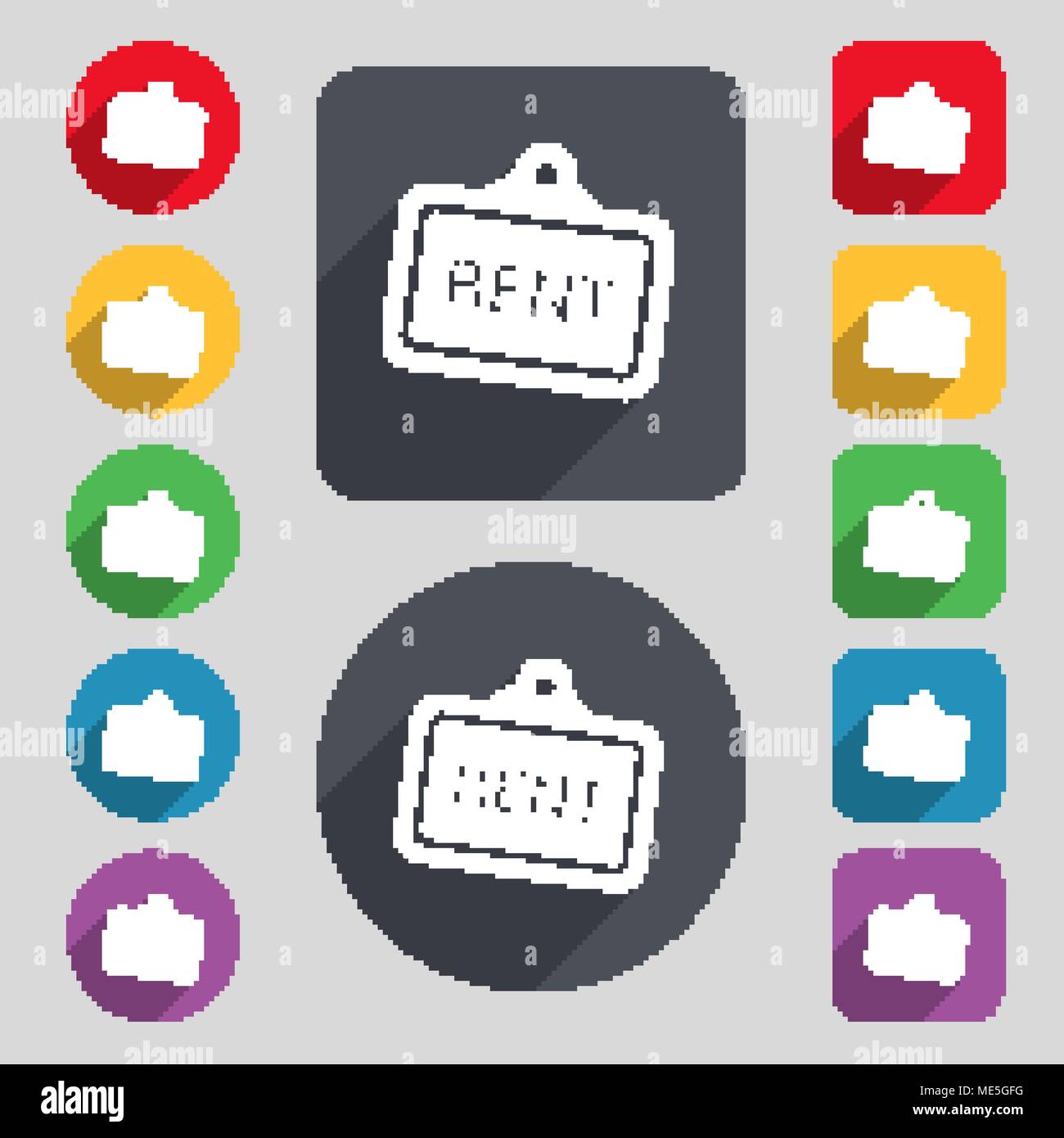 Rent icon sign. A set of 12 colored buttons and a long shadow. Flat ...