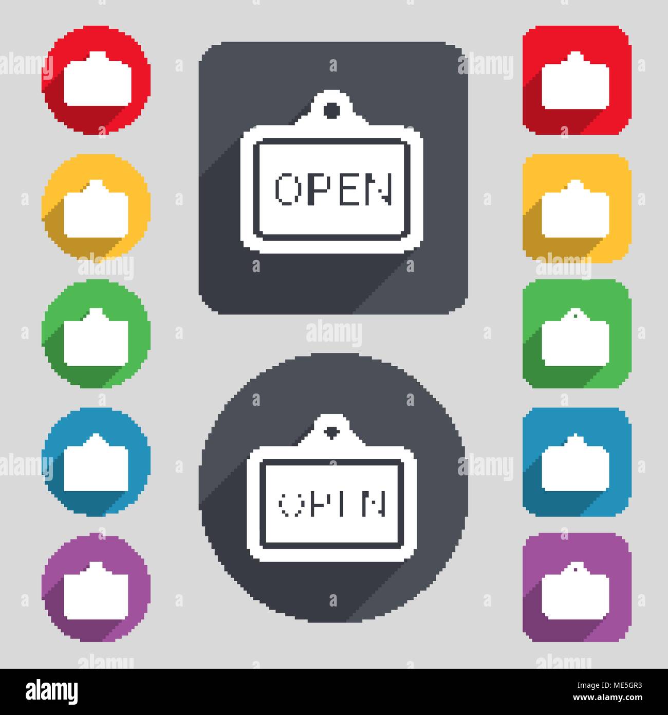open icon sign. A set of 12 colored buttons and a long shadow. Flat ...
