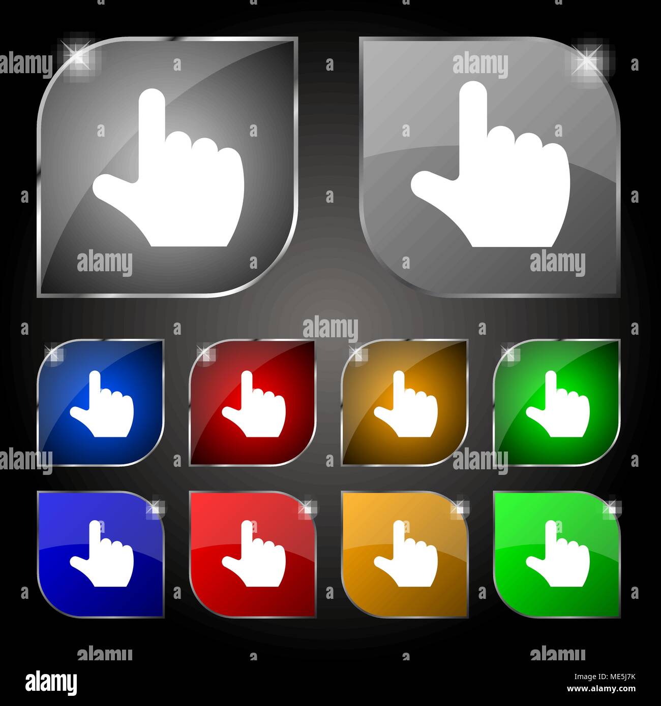 pointing hand icon sign. Set of ten colorful buttons with glare. Vector ...