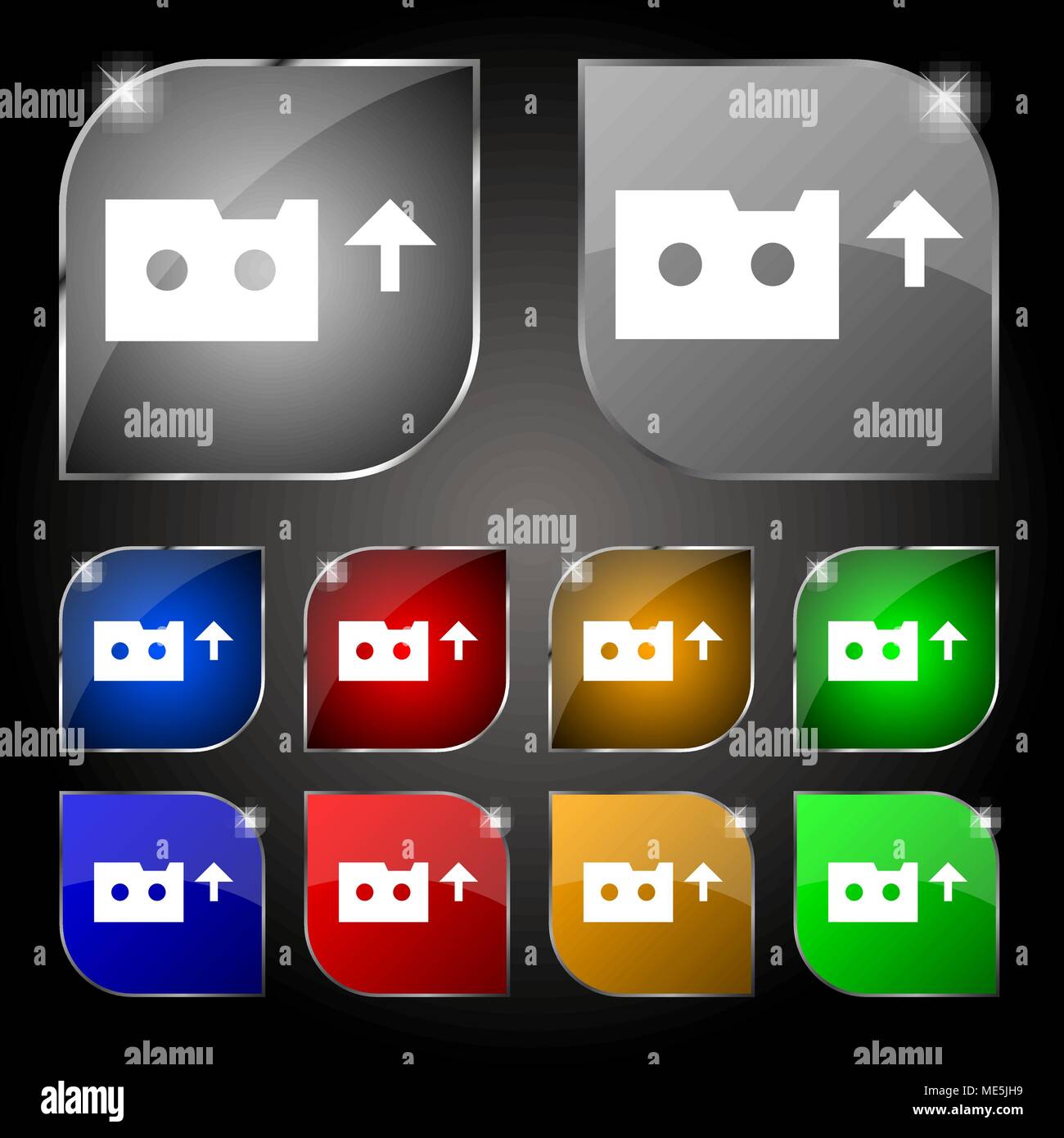 audio cassette icon sign. Set of ten colorful buttons with glare ...