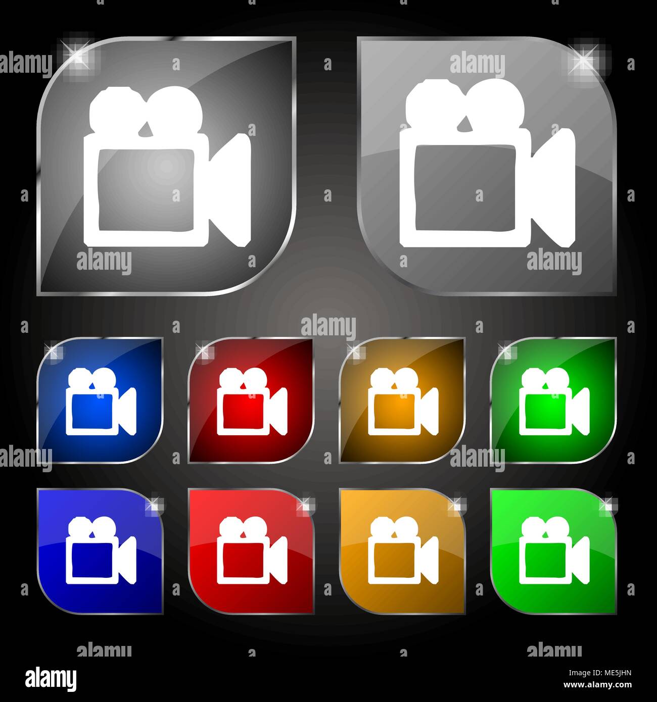 camcorder icon sign. Set of ten colorful buttons with glare. Vector