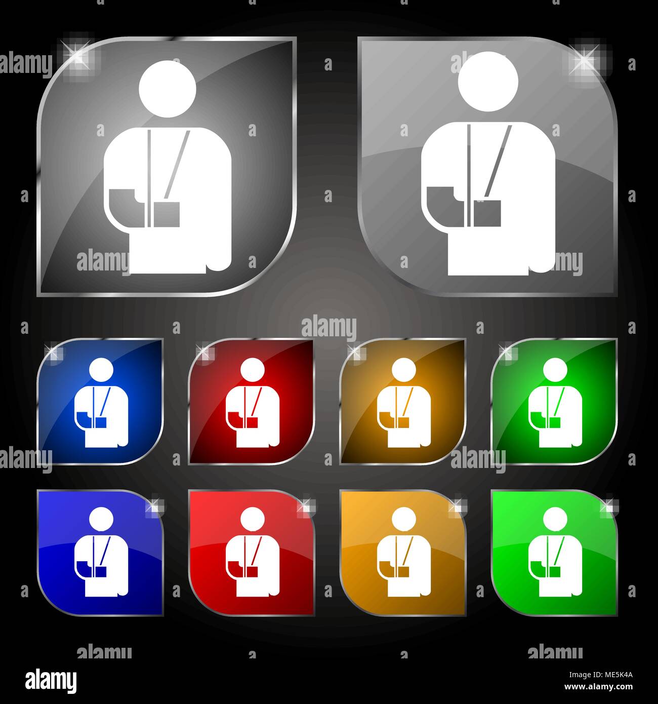 broken arm, disability icon sign. Set of ten colorful buttons with