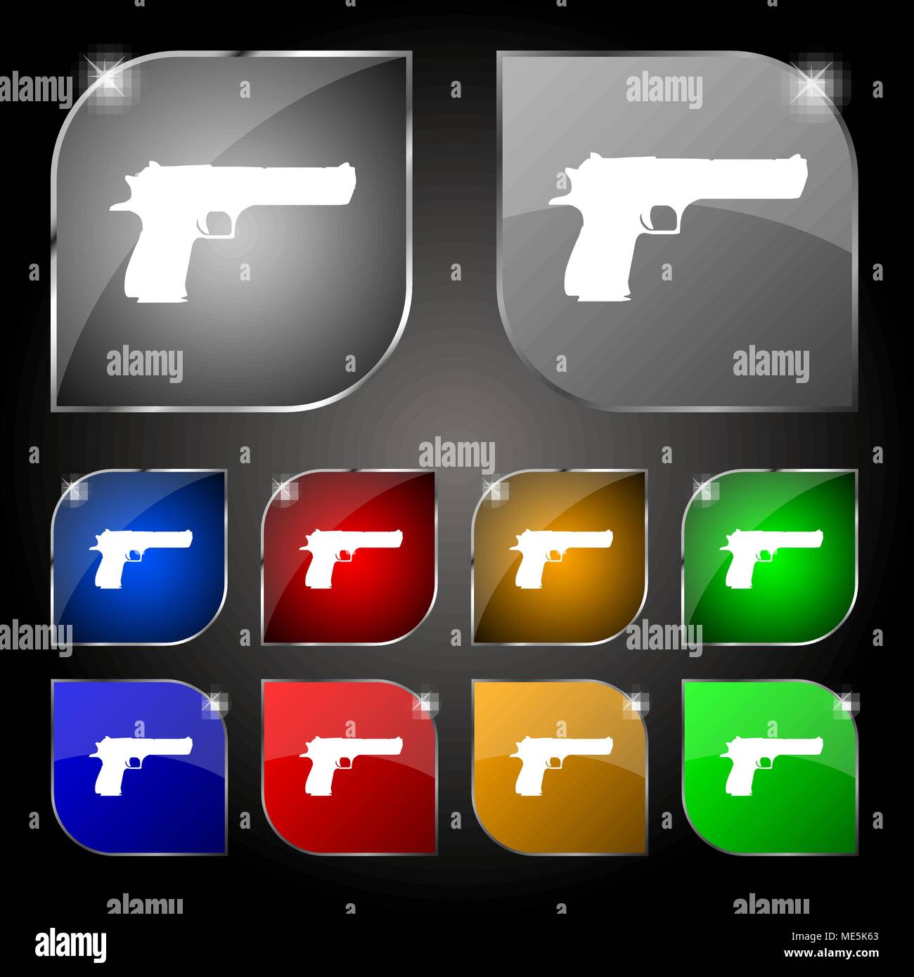 gun icon sign. Set of ten colorful buttons with glare. Vector illustration Stock Vector