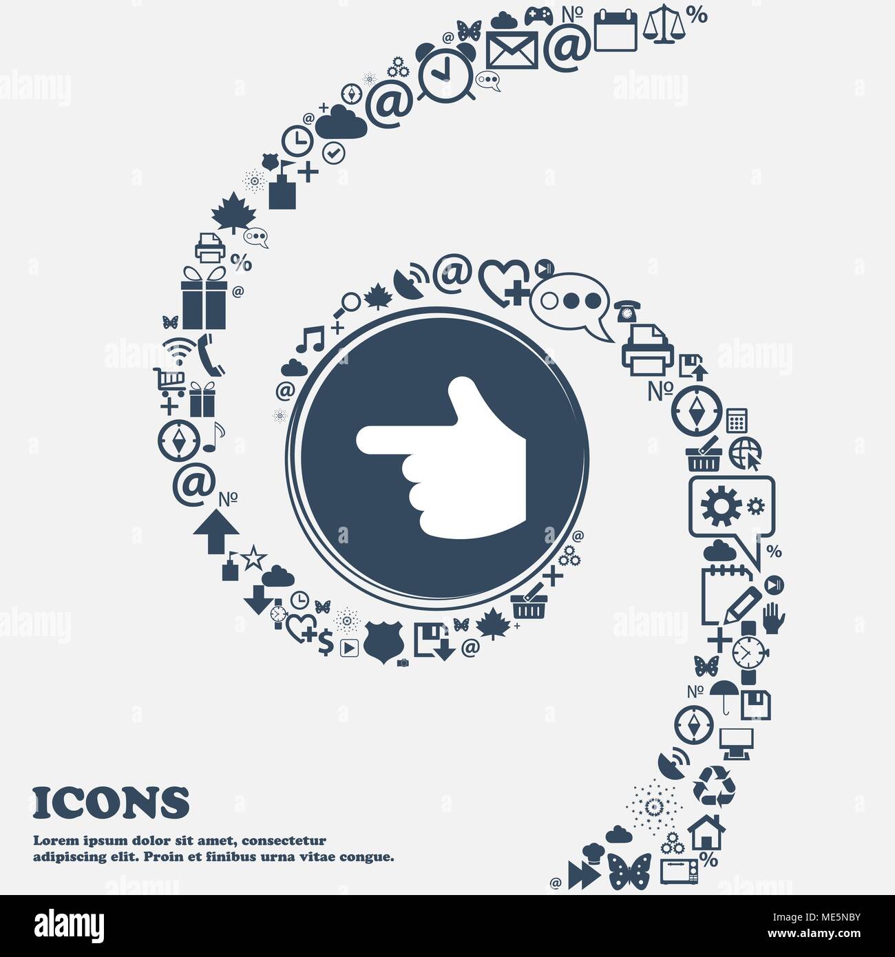 pointing hand icon sign in the center. Around the many beautiful symbols twisted in a spiral. You can use each separately for your design. Vector illu Stock Vector