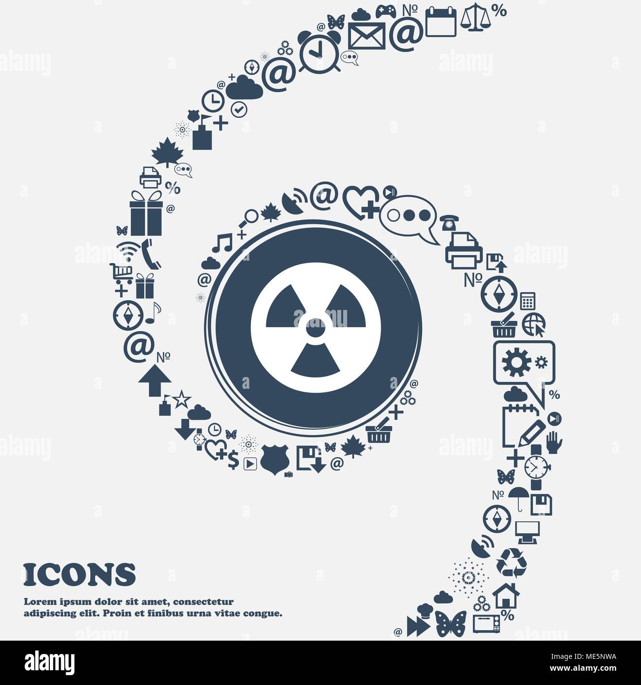 radiation icon sign in the center. Around the many beautiful symbols twisted in a spiral. You can use each separately for your design. Vector illustra Stock Vector