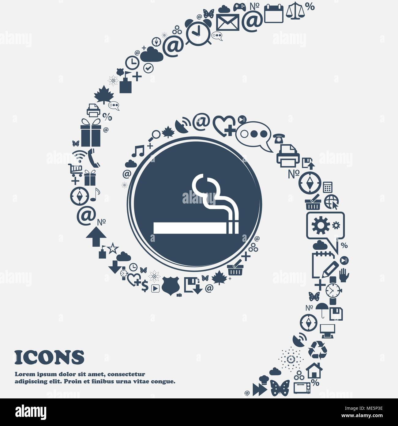 cigarette smoke icon sign in the center. Around the many beautiful symbols  twisted in a spiral. You can use each separately for your design. Vector il  Stock Vector Image & Art -