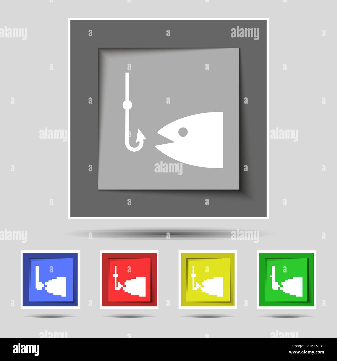 Fishing icon sign on original five colored buttons. Vector illustration ...