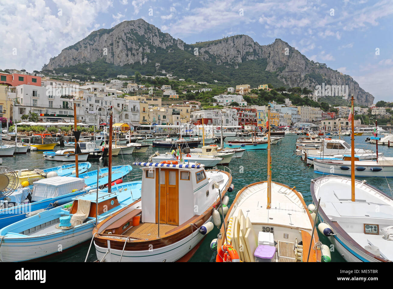 Marina Grande Port and Mountains in Capri Italy Stock Photo