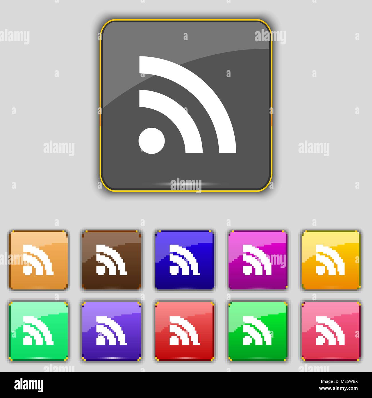 RSS feed icon sign. Set with eleven colored buttons for your site ...