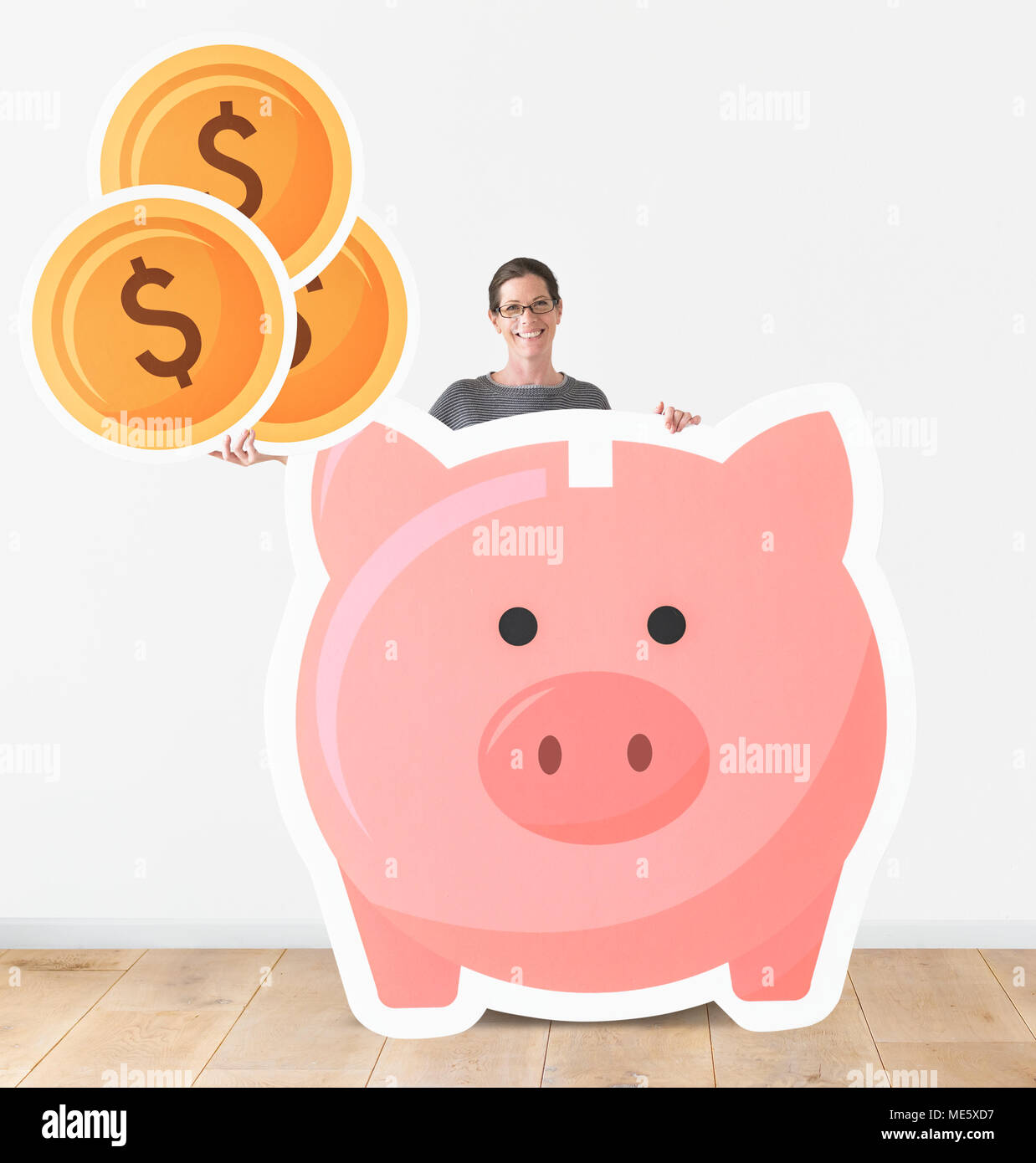 Woman with piggy bank mockup Stock Photo