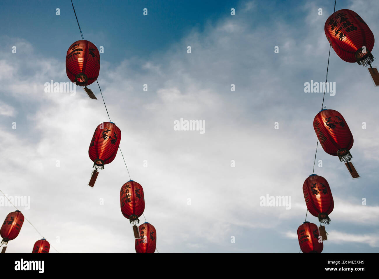 Chinese lanterns in the sky Stock Photo