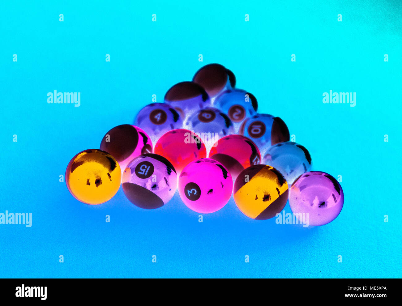 Billard balls setup on a pool table Stock Photo