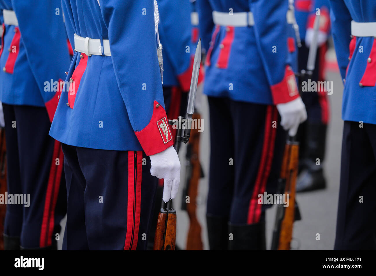 Parade soldiers wait with their guns on the ground for an event to start Stock Photo