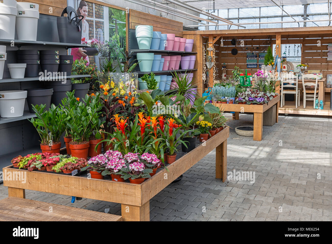 Garden shop selling plants and accessories like flower pots Stock Photo