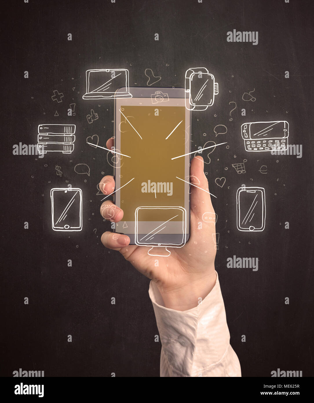 Caucasian hand in business suit holding a smartphone with hand-drawn ...